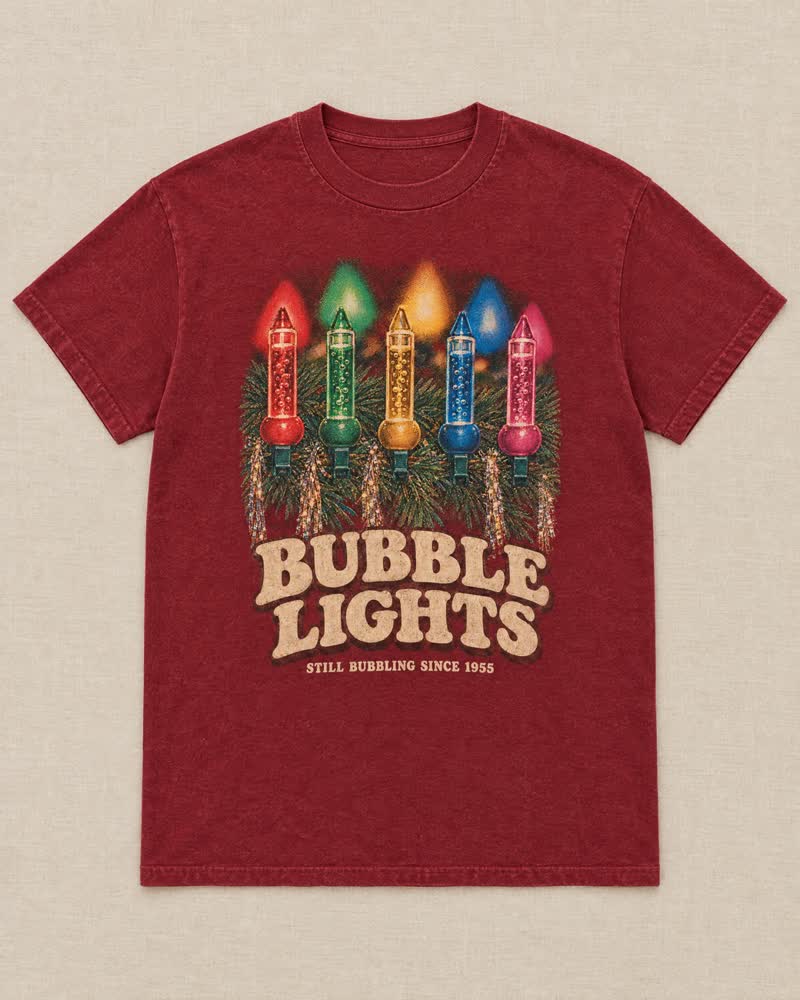 The Bubble Lights shirt in Cranberry: You waited for every one to start bubbling before you went to bed. Still bubbling since 1955.