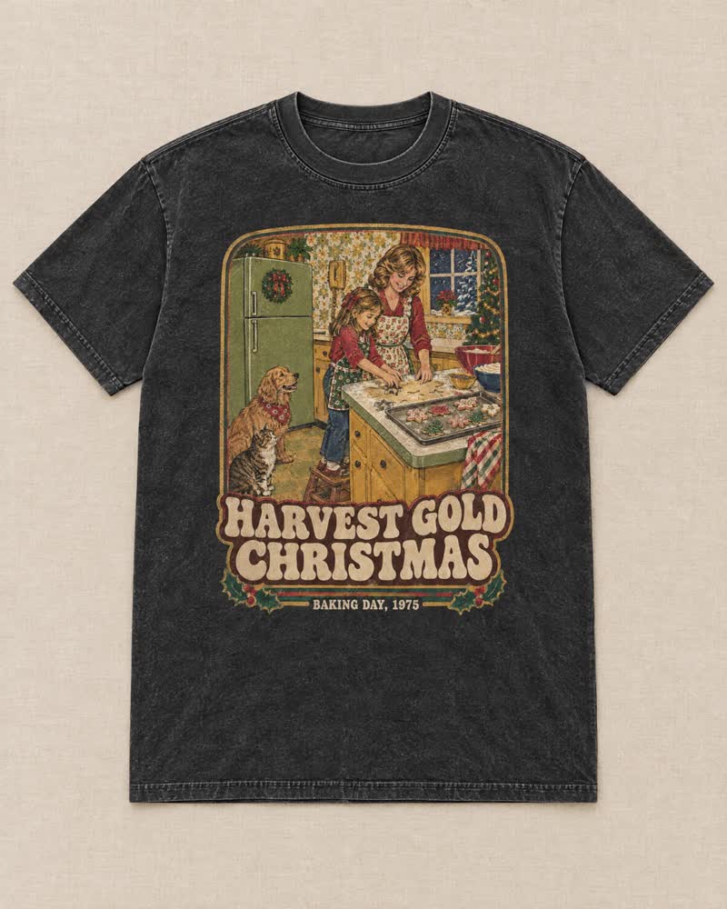 The Harvest Gold Christmas shirt in Midnight: The avocado fridge, the harvest gold phone on the wall and every counter covered in cookie trays. Your job was the sprinkles.