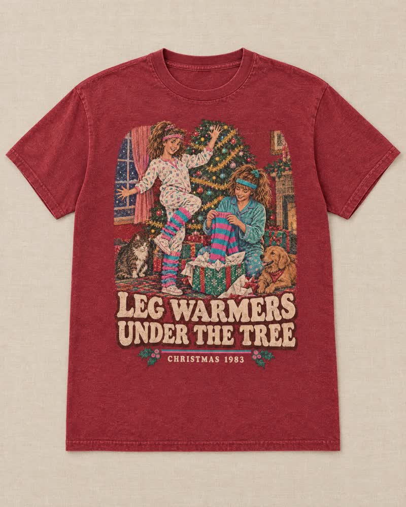 The Leg Warmers Under the Tree shirt in Cranberry: Striped leg warmers, a sweatband and a side ponytail. You did the workout in the living room before the wrapping paper was even picked up.