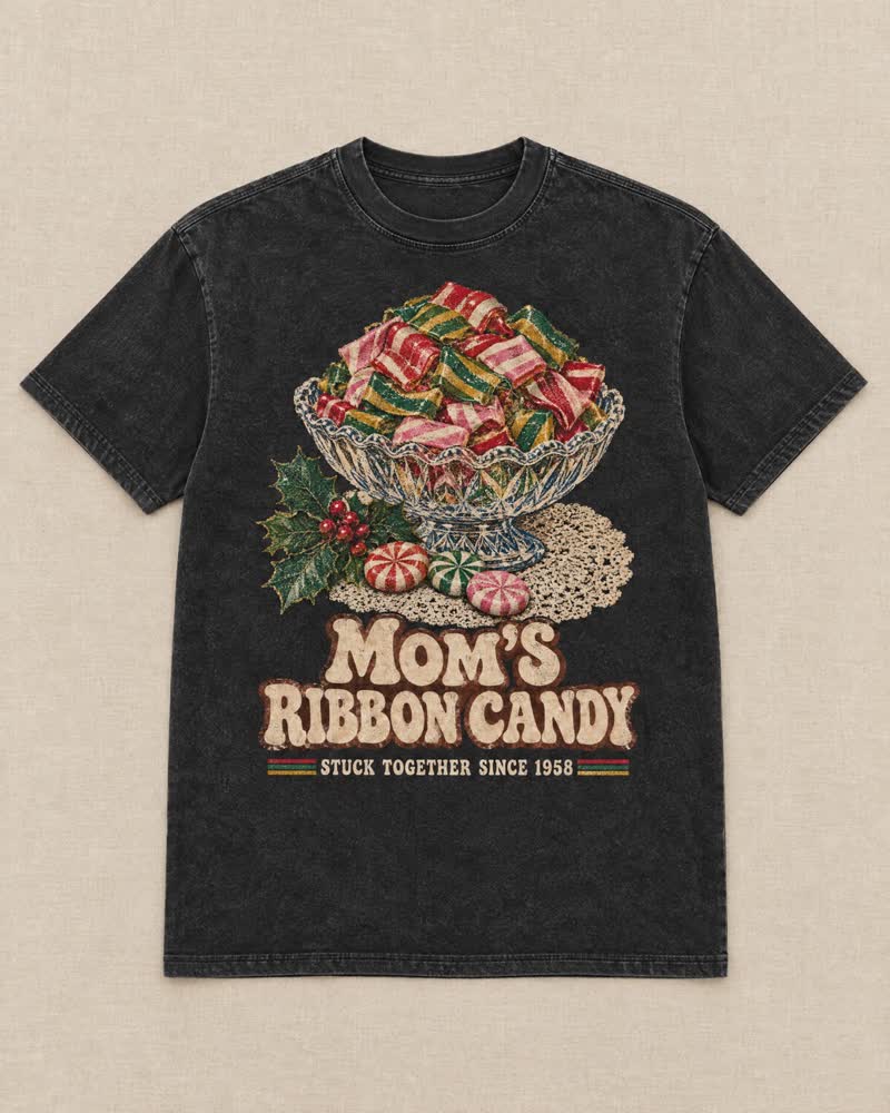 The Mom’s Ribbon Candy shirt in Midnight: The glass dish on the coffee table, the ribbon candy nobody ate, and all of it stuck together in one piece by New Year’s.