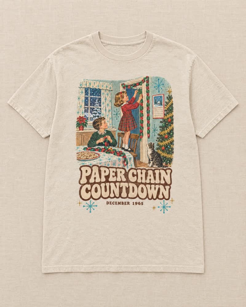 The Paper Chain Countdown shirt in Candlelight: Red, green, red, green. One link off every night after supper, and the chain getting shorter was the best part of December.