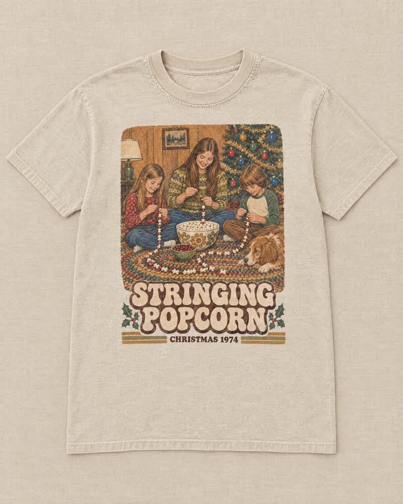 The Stringing Popcorn shirt in Candlelight: One for the string, one for you. By the time the strand reached the tree, half the bowl was gone.