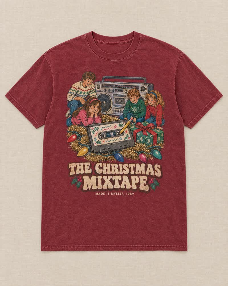 The The Christmas Mixtape shirt in Cranberry: You sat by the radio for a week with your finger on the record button to get every song. Then you wrapped it and gave it to your best friend.