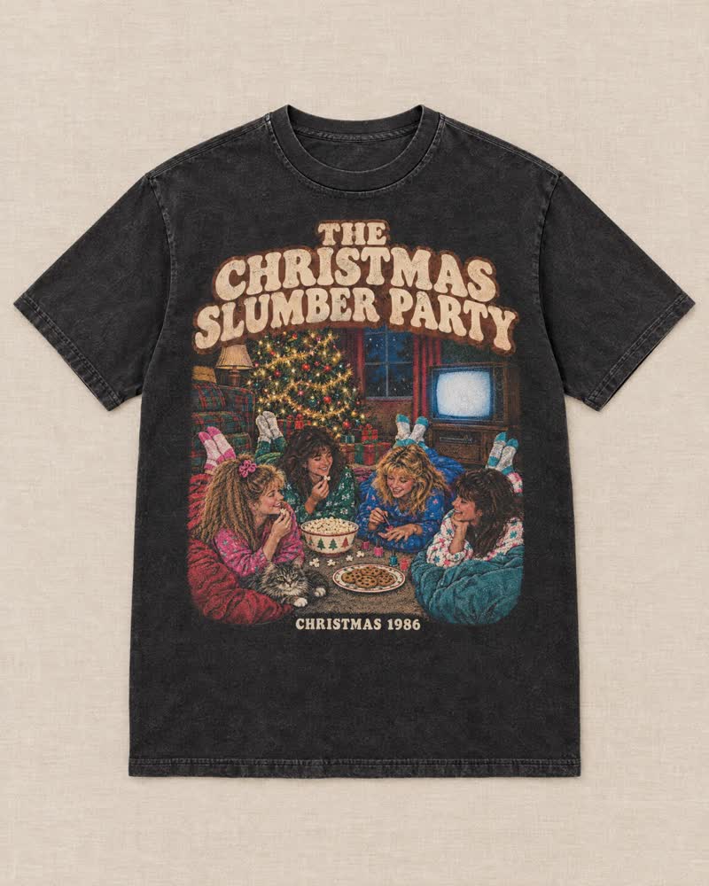 The The Christmas Slumber Party shirt in Midnight: Sleeping bags under the tree, crimped hair, nail polish and nobody asleep before two. Christmas break started the second school let out.